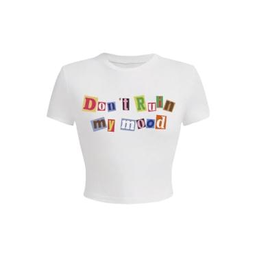 Imagem de GORGLITTER Camiseta feminina com estampa gráfica de letras, gola redonda, caimento justo, manga curta, Slogan multicolorido branco, G