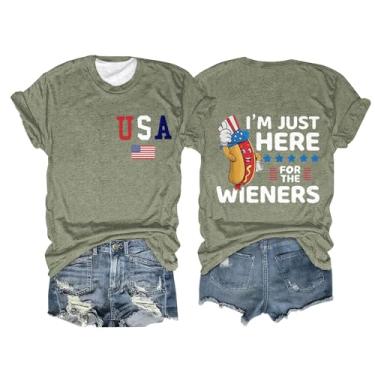 Imagem de Camiseta feminina com bandeira americana manga curta I'm Just Here for The Wieners Patriotic Tees gola redonda divertida estampa verão casual top, Verde, 3X-Large