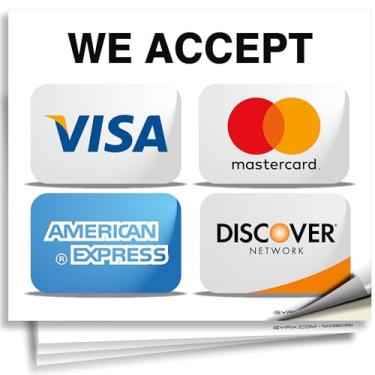 Imagem de iSYFIX Adesivos de placas adesivas para cartões de crédito – Pacote com 4 17,8 x 15,2 cm – Aceitamos Visa, MasterCard, Amex & Discover, vinil autoadesivo premium, laminado, resistente a UV, clima, arranhões, água e desbotamento