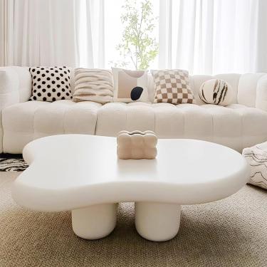 Imagem de Mesa de centro branca moderna de 100 cm - Mesa de centro de madeira nuvem de fácil montagem para decoração de sala de estar - Design de casa de escritório - Móveis elegantes, 120 cm/47,2"