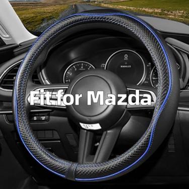 Imagem de CACAWIZ Capa de volante de carro para Mazda, serve para Mazda 3, Mazda 6, Mazda 5, CX-50, acessórios automáticos para Mazda, couro premium, design esportivo, azul