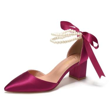 Imagem de Elivandon J1585 Sandália Feminina de Cetim Bico Fino Salto Médio 6cm Bloco Dupla Tira Pérola Noiva Festa Casamento Cor Vermelho Violeta,Tamanho BR 39/EU 41