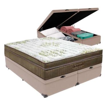 Imagem de Cama Box Baú Bipartido Queen Bege e Colchão Gold Ultragel Molas ensaca