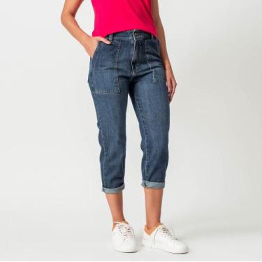Imagem de Calça Jeans Capri Mom Cintura Alta Bolso Utilitário Azul Escuro - Bloo