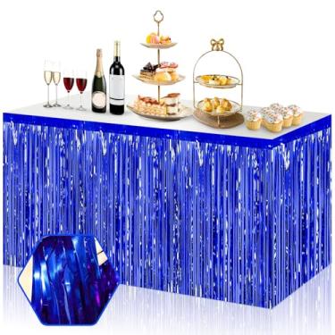 Imagem de Pacote com 3 saias de mesa com franja azul de 73 x 272 cm, faixa metálica para decoração de festa de Halloween