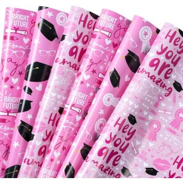 Imagem de WRAPAHOLIC Folha de papel de embrulho de formatura - 6 folhas rosa design valetadeira de formatura dobrável para festa, celebração - 19,7 polegadas x 27,5 polegadas por folha