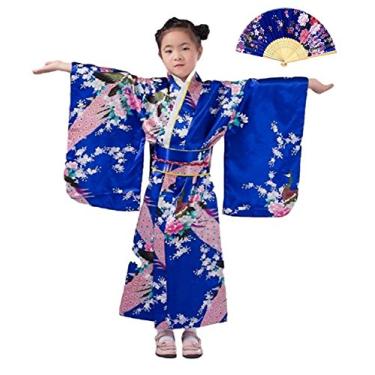 Imagem de CRB Kimono feminino japonês asiático top robe faixa cinto conjunto conjunto de roupa, Azul, 6-7 Anos