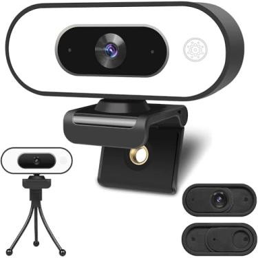 Imagem de ToLuLu Webcam com microfone de luz de anel – Câmera Web de transmissão, câmera profissional Full HD 1080p PC, Mac, laptop, desktop, webcam de computador USB com capa de privacidade e tripé Zoom