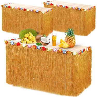 Imagem de Saia de mesa havaiana Luau de 2,5 m x 73 cm, saia de mesa estilo ráfia para festa de luau hula para festa de aniversário na praia havaiana suprimentos de decoração