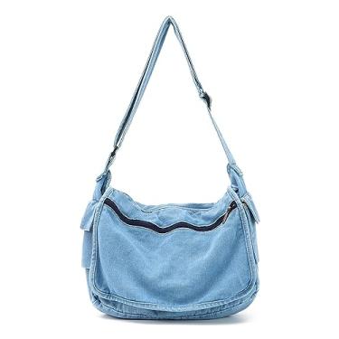 Imagem de LUI SUI Bolsa jeans Hobo casual de lona mensageiro bolsa de ombro retrô grande bolsa transversal para mulheres e homens, Azul claro, One Size