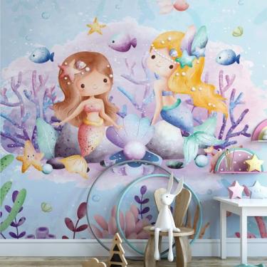 Imagem de Papel de Parede Menina Sereias Fundo do Mar Concha Rosa 6m² - Quartinh