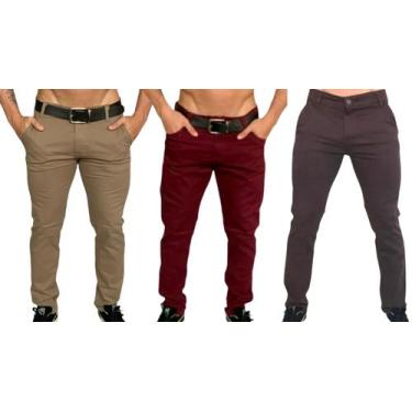 Imagem de Kit 3 calça masculina slim com lycra caqui bordo marrom skinny - empor