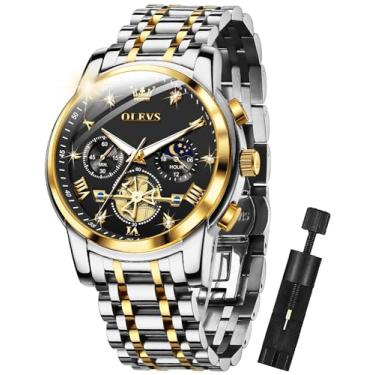 Imagem de OLEVS Relógio masculino com cronógrafo de diamante, moderno, casual, relógio de pulso, fase da lua, luminoso, à prova d'água, 2856: Pulseira de dois tons e mostrador preto, Relógios casuais
