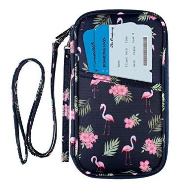 Imagem de Carteira RFID para passaporte com compartimento para cartão de vacina, bolsa organizadora de documentos com alça dupla para pulso e pescoço, Grande RFID-Flamingo, onesize, Tendência