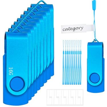 Imagem de Unidade USB de 16 GB USB 2.0, pacote com 10 unidades Nicepicten Pendrive com zíper giratório, pen drive, pen drive, pen drive USB, ideal para home office, armazenamento de dados compartilhados, azul,