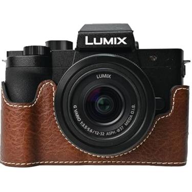 Imagem de Capa G100K, capa BMAOLLONGB feita à mão de couro PU meia câmera versão abertura inferior para Panasonic Lumix G100K com alça de pescoço (café)