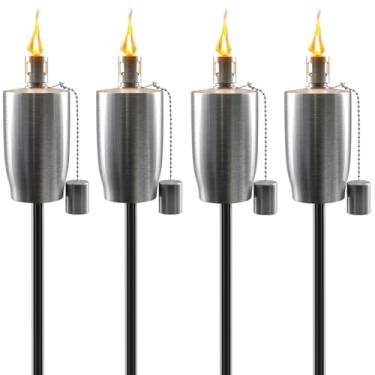 Imagem de Matney Tochas de Aço Inoxidável para Exteriores- Luzes Decorativas para Jardim e Quintal- Lâmpada de Óleo de 5 Pés para Citronela- Pavio de Fibra de Vidro e Tampa de Abafador- Conjunto de 4 (Cilindro)