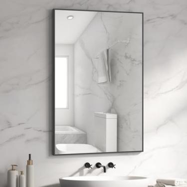 Imagem de HOMECOOKIN Espelho de metal preto para banheiro 61 x 91 cm espelho de banheiro preto para pia, espelho retangular de parede espelho quadrado moldura de metal moderno espelho de fazenda