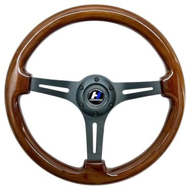 Imagem de Hiracing Volante universal clássico de grão de madeira de 35,5 cm, preto, escovado, 3 raios, 3,8 cm de profundidade, 350 mm com botão de buzina, 6 parafusos