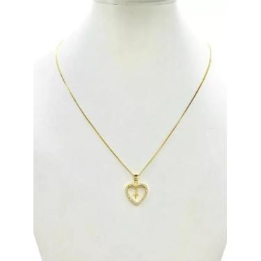 Imagem de Cordão Feminino 1mm Coração Cruz - Banhado a Ouro 18k - ToJoia18k