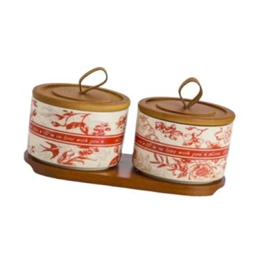 Imagem de IEUDNS Jarra de cerâmica de caixa de chá com tampa de cozinha de armazenamento lacrado recipiente de armazenamento de alimentos para cereal de arroz de, Vermelho 2 Jarro E Bandeja