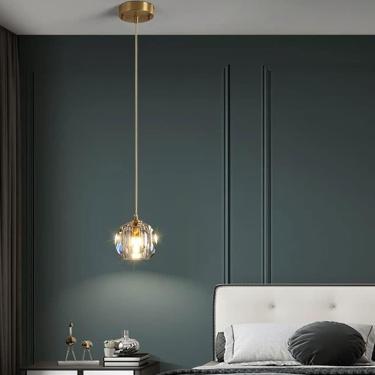 Imagem de Moderna única cabeça de vidro cristal led pendurado luz luxo ferro forjado luminária longa linha pequena luz pingente nordic quarto cabeceira pequeno lustre e27