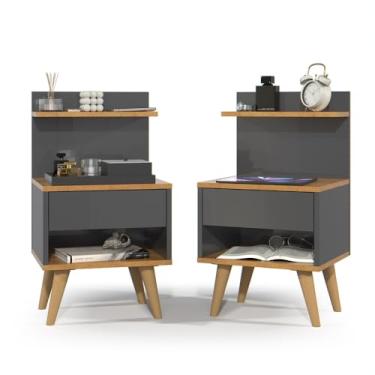 Imagem de Kit 2 Mesa de Cabeceira Quarto Mesinha Apoio Lateral Cama Box Casal Estilo Nicho Decoração Retrô Sleep 1 Gaveta (Cinza/Nature)