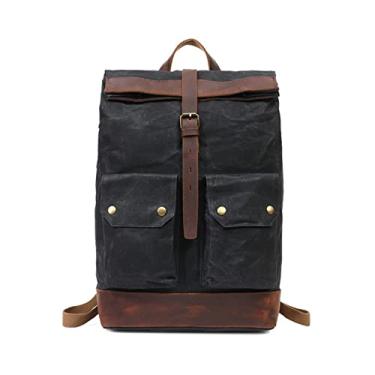 Imagem de Mochila Masculina Outdoor Mochila de Grande Capacidade Lona Encerada Saco de Viagem Masculino Estilo Vintage Mochila Masculina(Black)