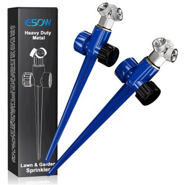 Imagem de ESOW Aspersor de gramado de metal para quintal, pacote com 2 irrigadores automáticos de água de jardim na base de pontas, bocal de irrigação de latão ajustável, cobertura de área grande de 360 graus