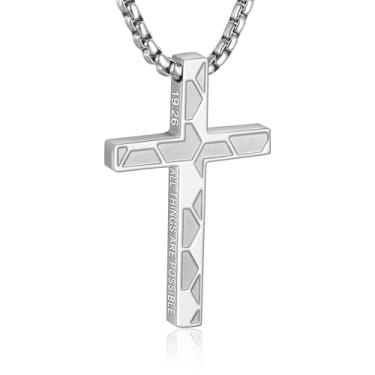 Imagem de WINFY Colar de cruz de futebol para meninos e homens, pingente de cruz cristã, versículo bíblico, corrente de aço inoxidável, 50 + 5 cm, joia de futebol, presente religioso para homens, Aço