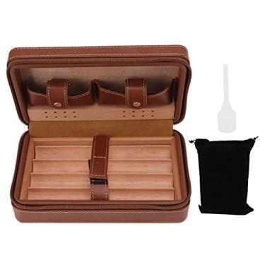Imagem de Estojo para umidificador de charutos de costura manual Grcfumo, estojo para charutos de couro marrom e cedro, caixa de charutos clássica com bolsa de armazenamento para viagens,