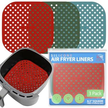 Imagem de Forros reutilizáveis de silicone para fritadeira Air Fryer da Linda's Essentials (pacote com 3) – Forros antiaderentes e fáceis de limpar, tapetes reutilizáveis, acessórios para fritadeira de ar, inclui folha de cheat e livro de receitas – Quadrado de 21,5 cm