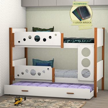 Imagem de Beliche Infantil Solteiro Star Com Cama Auxiliar Branco Com Castanho Claro - Divaloto Móveis + Acompanha Lousa