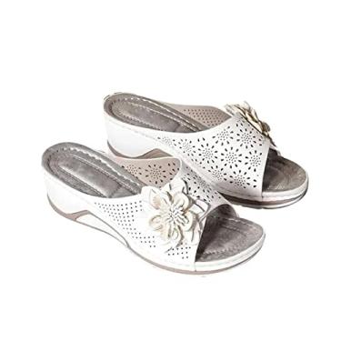 Imagem de Sandálias femininas ortopédicas ortopédicas de couro com recorte floral 3D com palmilha macia e suporte de arco, chinelos retrô boêmios, mocassins de camurça., Branco, 8