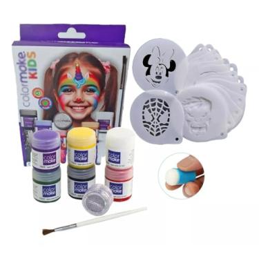 Imagem de Kit 6 Tintas Pincel Glitter + Batedor dedo + 16 Stencil Pintura Facial