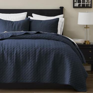 Imagem de palassio Conjunto de cama king size 100% algodão azul marinho com 2 fronhas, colcha texturizada, leve, macia, coberta chique, capa de cama acolchoada para todas as estações, 3 peças