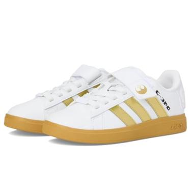 Imagem de adidas Tênis esportivo unissex infantil Star Wars Droids Grand Court 2.0 de renda elástica (criança pequena), Branco/dourado metálico/bronze pré-amado, 12.5 Little Kid