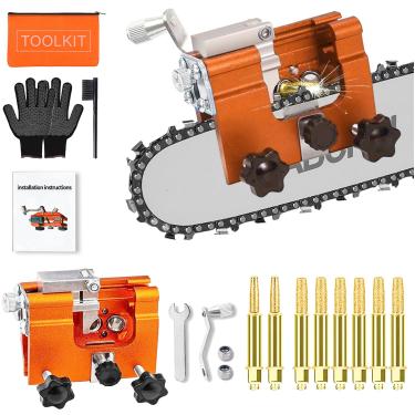 Imagem de Gabarito de afiar motosserra, ferramenta portátil de afiador de motosserra com 8 pontas banhadas de titânio, luvas, bolsa de armazenamento e escova, apontador de motosserra, kit de afiador de