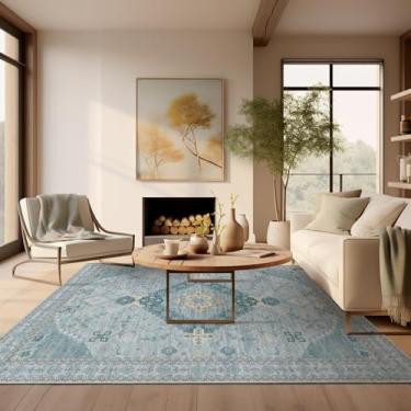 Imagem de Ashler Tapete Boho Area, 15 x 23 cm, Vintage, Grande, Ciano Claro/Azul, Antiderrapante e Lavável na Máquina, Decoração de Tapete