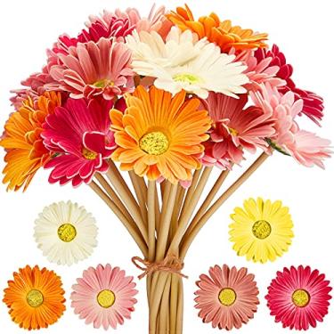 Imagem de WILLBOND 18 peças de margaridas artificiais gerbera flores falsas margaridas falsas buquê de margaridas boho 38 cm para decorações de aniversário boho, decoração de casa de casamento (branco, rosa