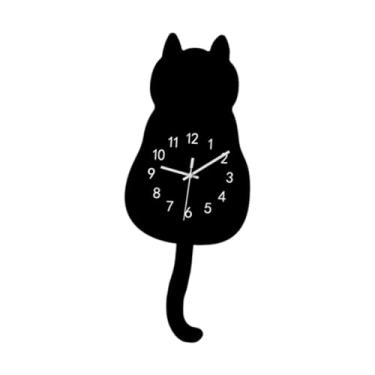 Imagem de Ｂｅｓｇａ Relógio de pendura de parede de gato de desenho animado 175x435cm decorativo decoração fofa acrílica para escritório em casa multiuso, Preto