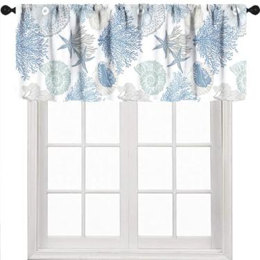 Imagem de Cortinas de sanefa de cozinha costeira, azul náutico, coral, fazenda, verão, praia, azul-petróleo, branco, para quarto, sala de estar, banheiro, janela, 1 peça, 137 x 45 cm