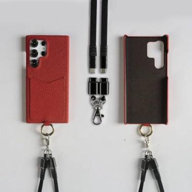 Imagem de Cabo de carregamento Cordão Estojo para Samsung Galaxy S24 Ultra S23 S22 S21FE S20 Note20 Alça transversal Slot para cartão, Alça vermelha preta, Para Samsung Galaxy Note20