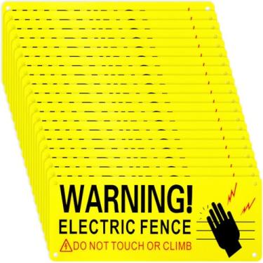 Imagem de Blulu Pacote com 20 placas de aviso de cerca elétrica de metal, 10 x 25 cm, placa de segurança de alumínio refletivo, sinal de alerta para casa de fazenda de perigo, amarelo