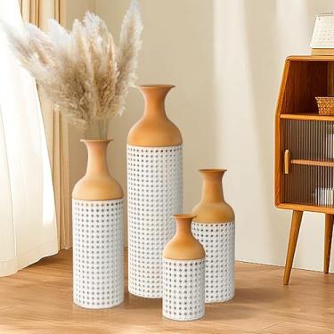 Imagem de Conjunto de 4 vasos grandes de metal, vaso gigante de metal de 27/20/16/30.5 cm de altura para sala de estar, lareira, corredor, decoração de escritório (branco e amarelo)