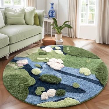 Imagem de YIHOUSE Tapete redondo moderno, tapete estético de musgo verde grama para quarto, antiderrapante, felpudo e fofo, tapete circular lavável para quarto de bebê, meninas, sala de estar, sala de jogos