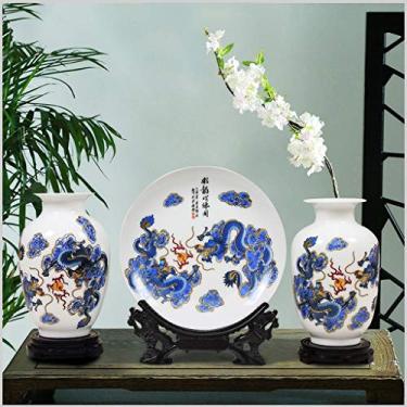 Imagem de Vaso de cerâmica de cerâmica com três peças para decoração de casa chinesa sala de estar armário de TV ornamentos de arranjo de flores (2 vasos + pratos + base) (tamanho: F) (E)