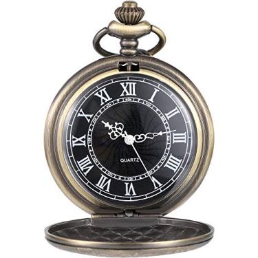 Imagem de Relógio de bolso masculino de quartzo com mostrador preto e corrente, Bronze, Clássico