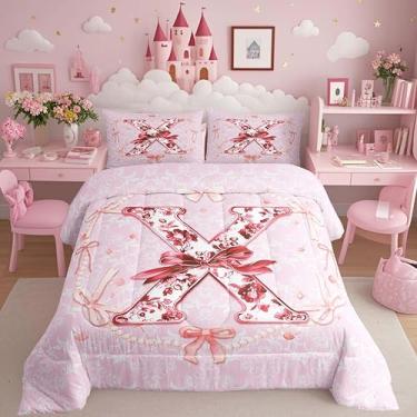 Imagem de Erosebridal Conjunto de cama solteiro com laço de coquete para meninas adolescentes, fantasia, rosa, laço inicial, monograma, X, com design floral chique, conjunto de cama com laço e laço de flor de