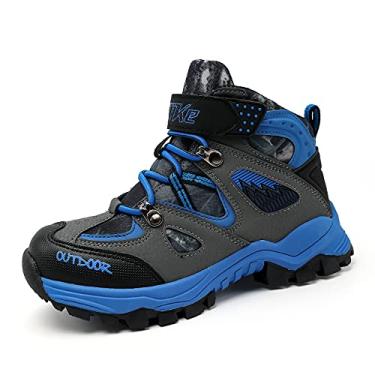 Imagem de Botas de caminhada infantis para meninos e meninas ao ar livre, tênis de caminhada e escalada confortável, antiderrapante, bota de caminhada de caminhada, sola de fivela de aço antiderrapante, Blue/Black/Grey, 12 Little Kid